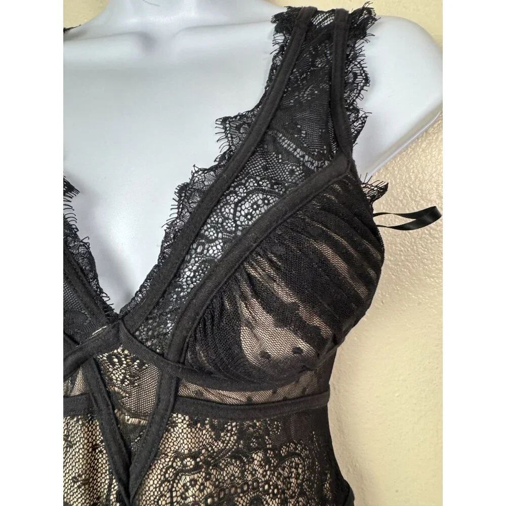 Bebe Black Lace Beige Mini Slip Dress Women size Small Coquette Sexy Fairy Grung - Picture 9 of 16
